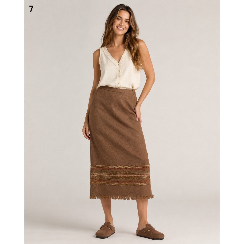Vintage Sag Harbor Maxi Skirt Womens Plus 16 Brown Wool Blend Embroidered Fringe